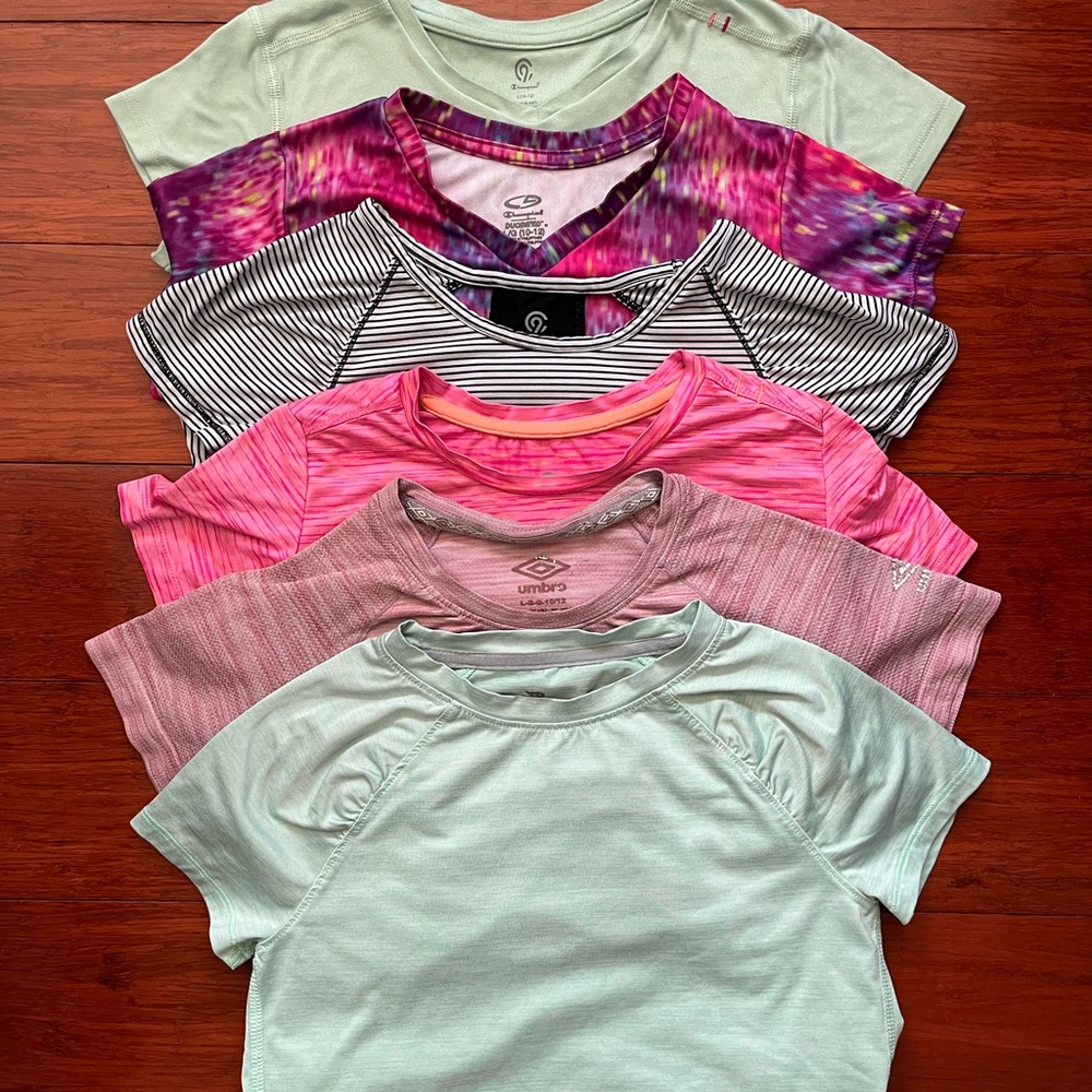 Lot of 6 Girls Active wear T-shirts, size Medium, various Brands